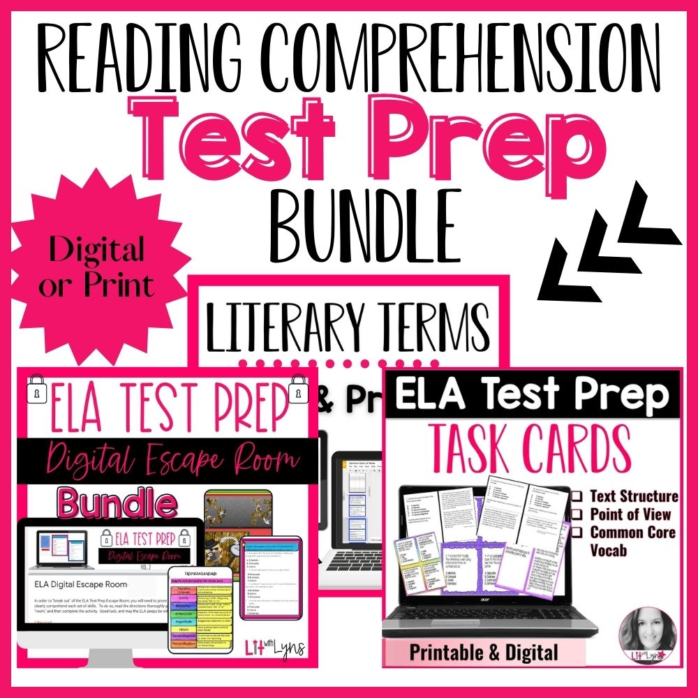 Middle school reading comprehension test prep bundle lit with lyns
